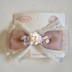 Cute Pink and White Hair Bow with Bear Charm